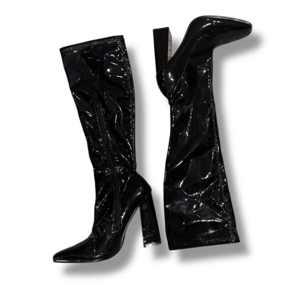 Public Desire Caryn Black Patent Wide High Block High Heel Boots Silver Tip Sz 6 - Picture 7 of 13